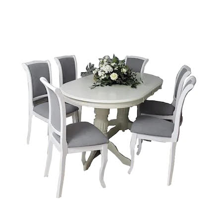 Set masa de bucatarie cu 6 scaune albe, 155-235 cm, din lemn