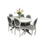 Poze SET MASA OVALA ALBA 155/235 CM CU 6 SCAUNE MEDALION TAPITATE STOFA