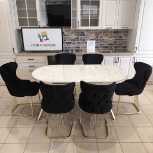 SET STELLA NEGRU CU AURIU MASA+6 SCAUNE, BLAT ALB