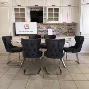 SET STELLA GRI CU ARGINTIU MASA+6 SCAUNE, BLAT ALB