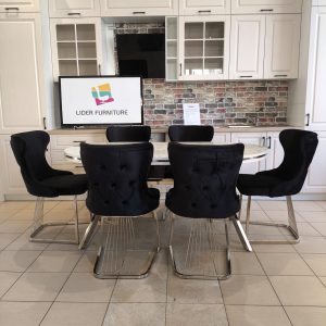 SET STELLA NEGRU CU ARGINTIU MASA+6 SCAUNE, BLAT ALB