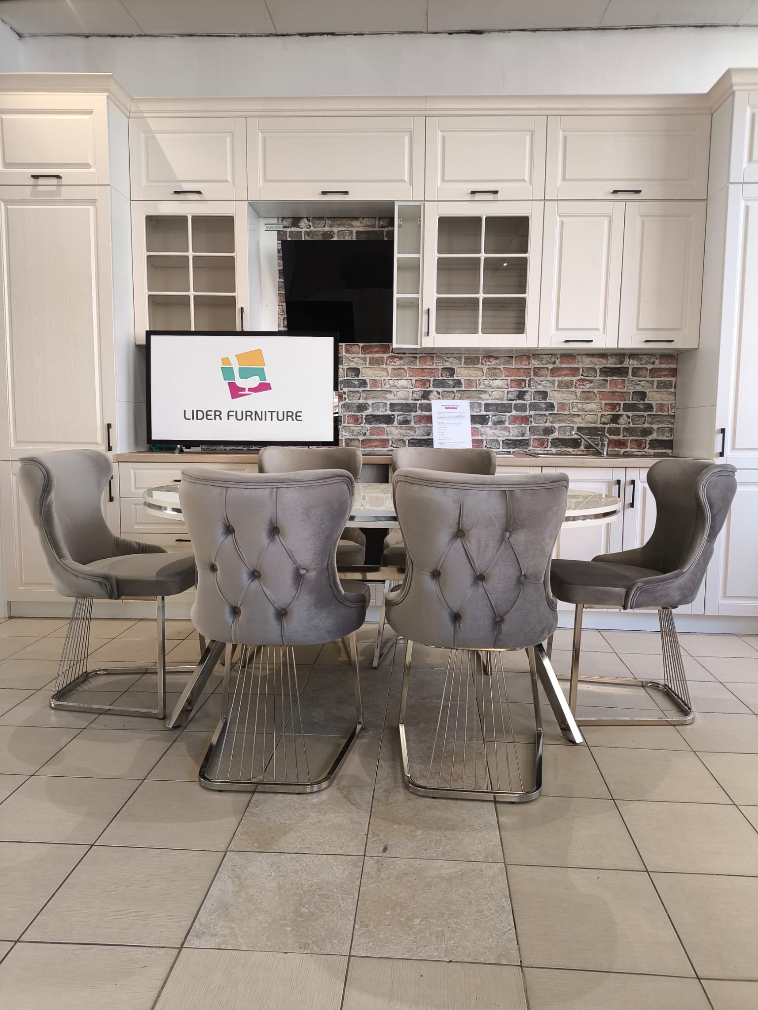 SET STELLA GRI/BEJ CU ARGINTIU MASA+6 SCAUNE, BLAT ALB - imagine 4