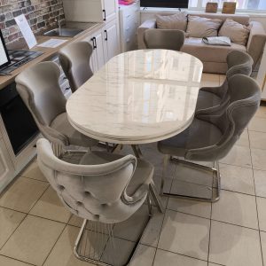 SET STELLA GRI/BEJ CU ARGINTIU MASA+6 SCAUNE, BLAT ALB