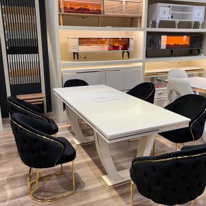 Set Dining Luxury Velvet Gold – Masă Alb Lucios + 6 Scaune Catifea Neagră