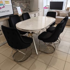 Set Marbella masă fixa tip marmură + 6 scaune catifea neagră