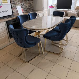 SET STELLA ALBASTRU CU AURIU MASA+6 SCAUNE, BLAT GRI