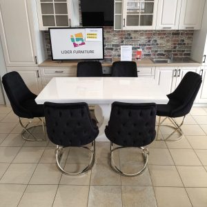 Set Monza masa fixa + 6 scaune modern alb lucios cu scaune catifea neagră