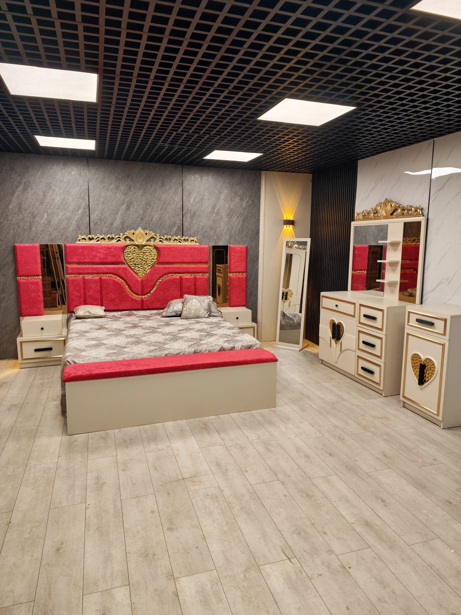 Dormitor complet Golden Love Rosu saltea inclusa pat 180x200 - imagine 2