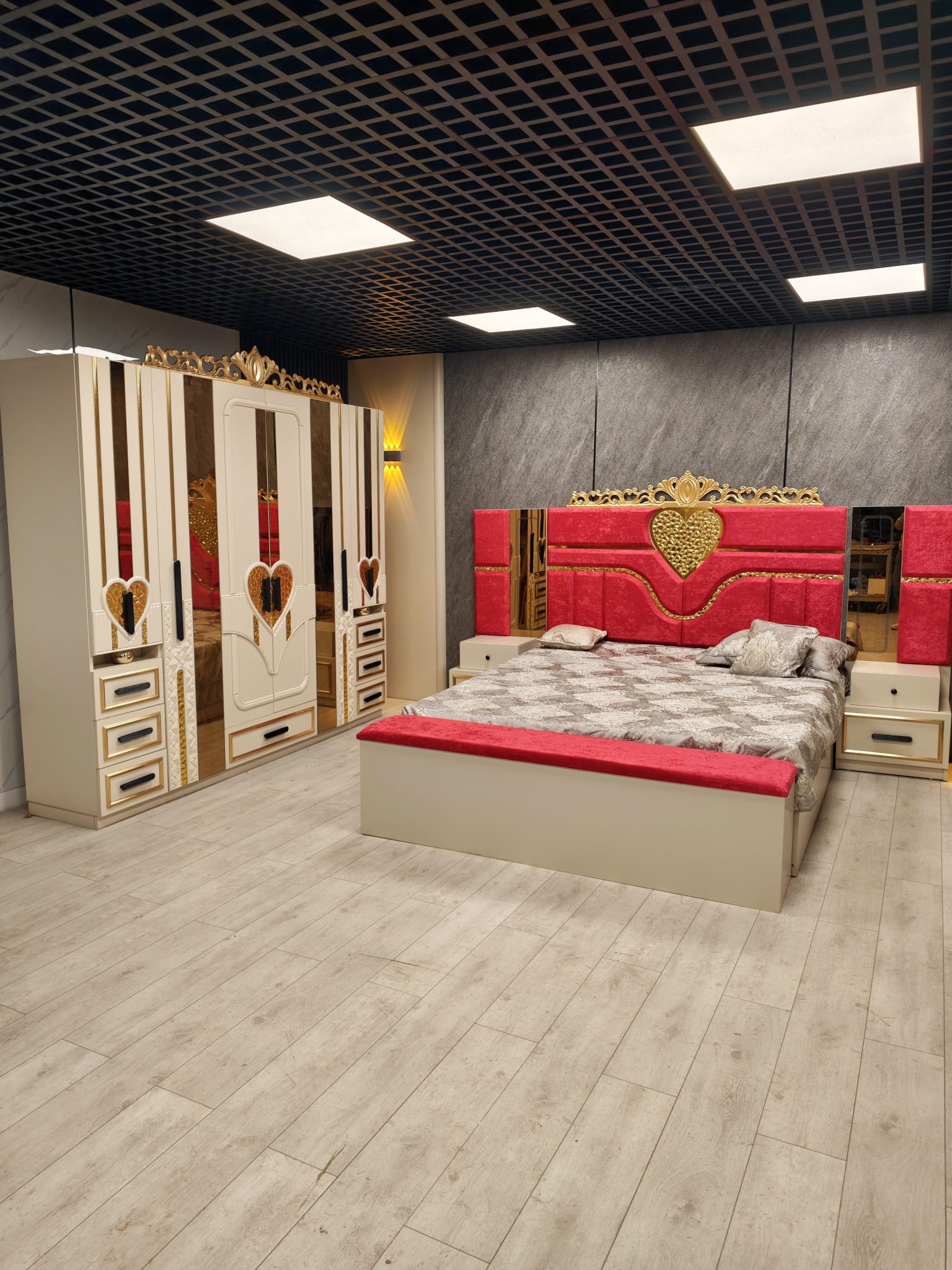Dormitor complet Golden Love Rosu saltea inclusa pat 180x200 - imagine 3