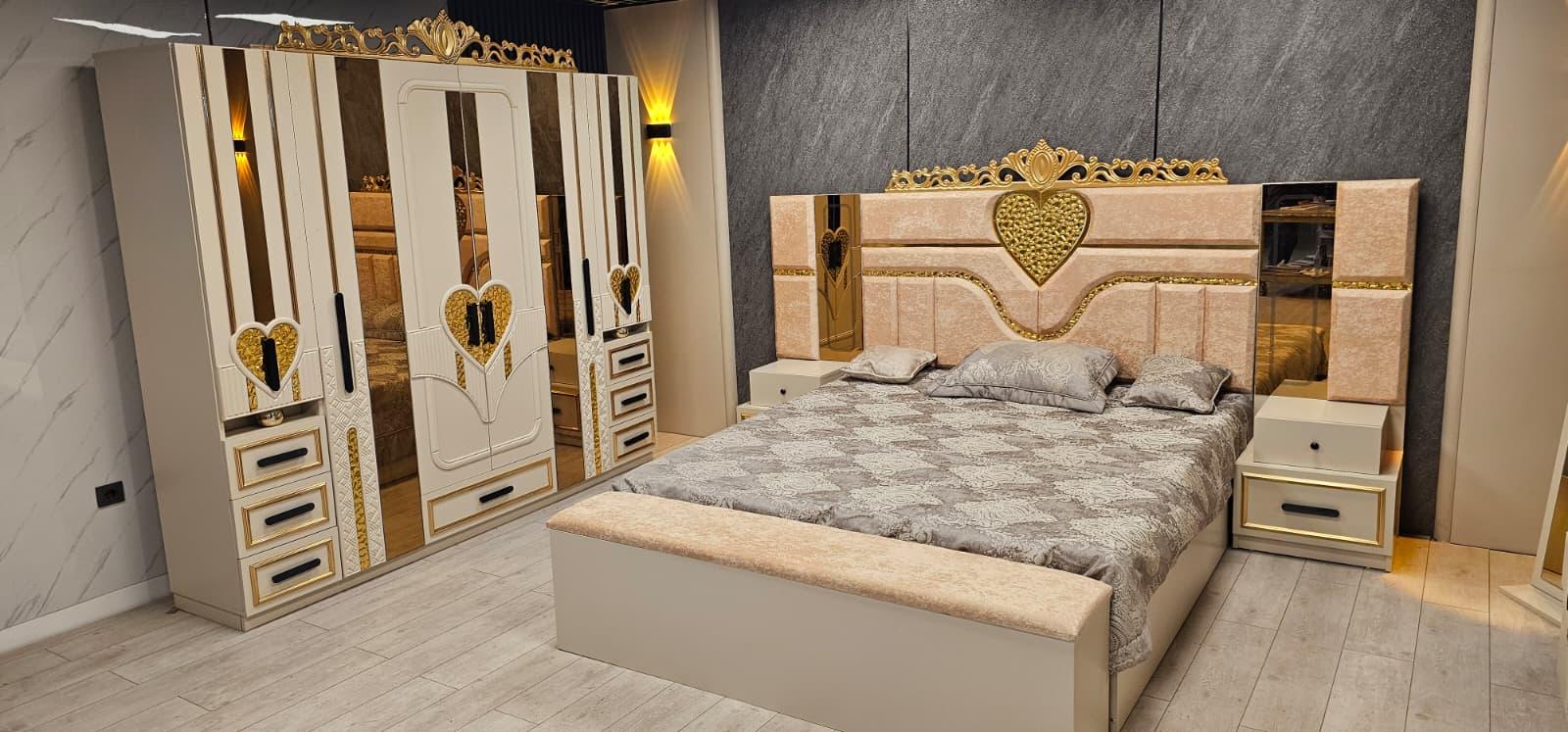 Dormitor complet Golden Love Crem saltea inclusa pat 180x200 - imagine 2