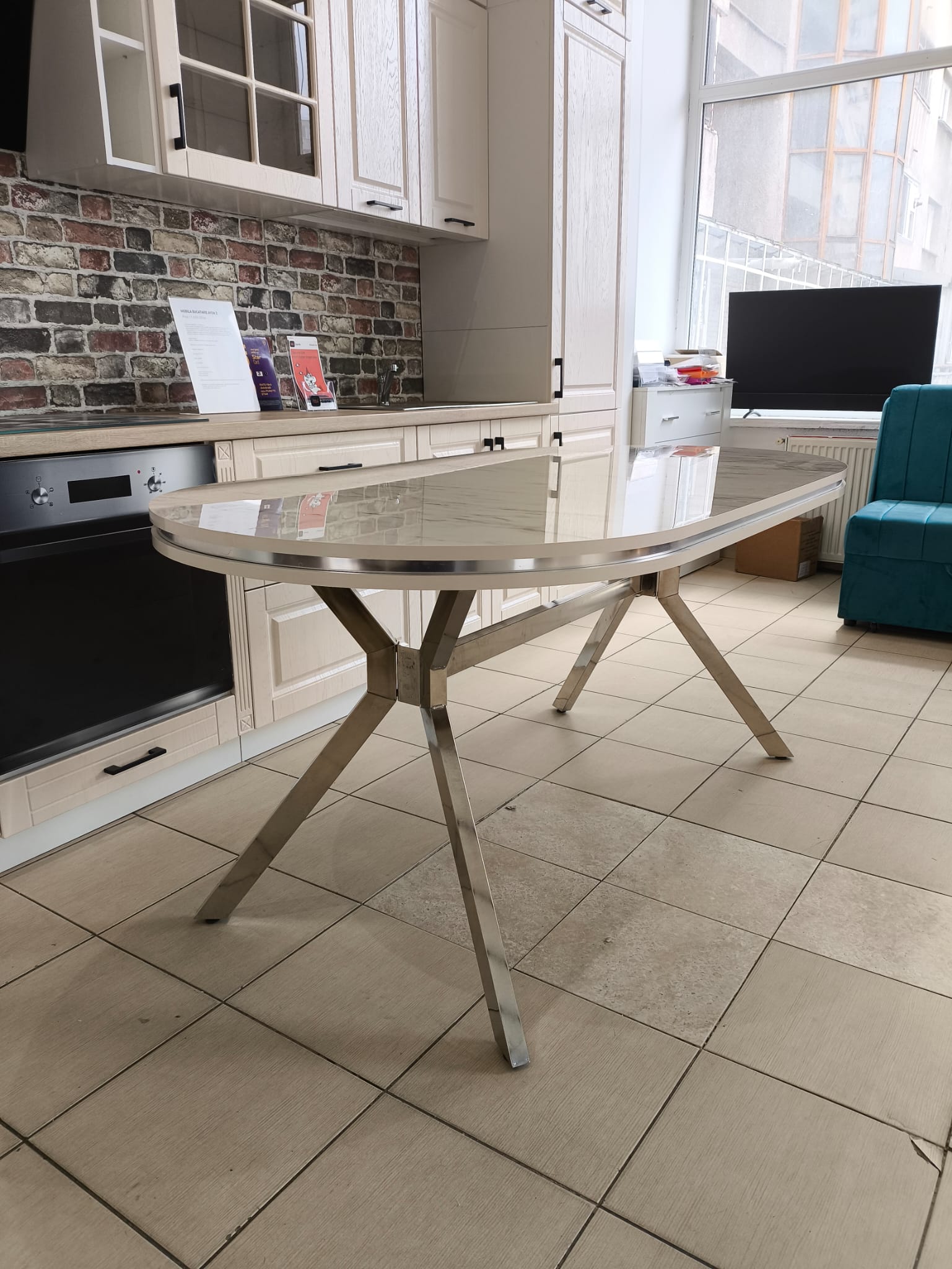Masa fixa nr 11 blat tip marmura / 170 cm lungime latime 90 cm mdf + picioare metalice