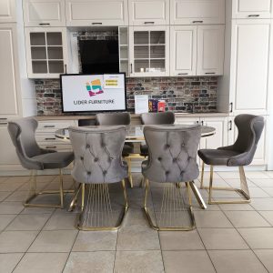 Set stella gri/bej cu auriu masa+ 6 scaune, blat alb
